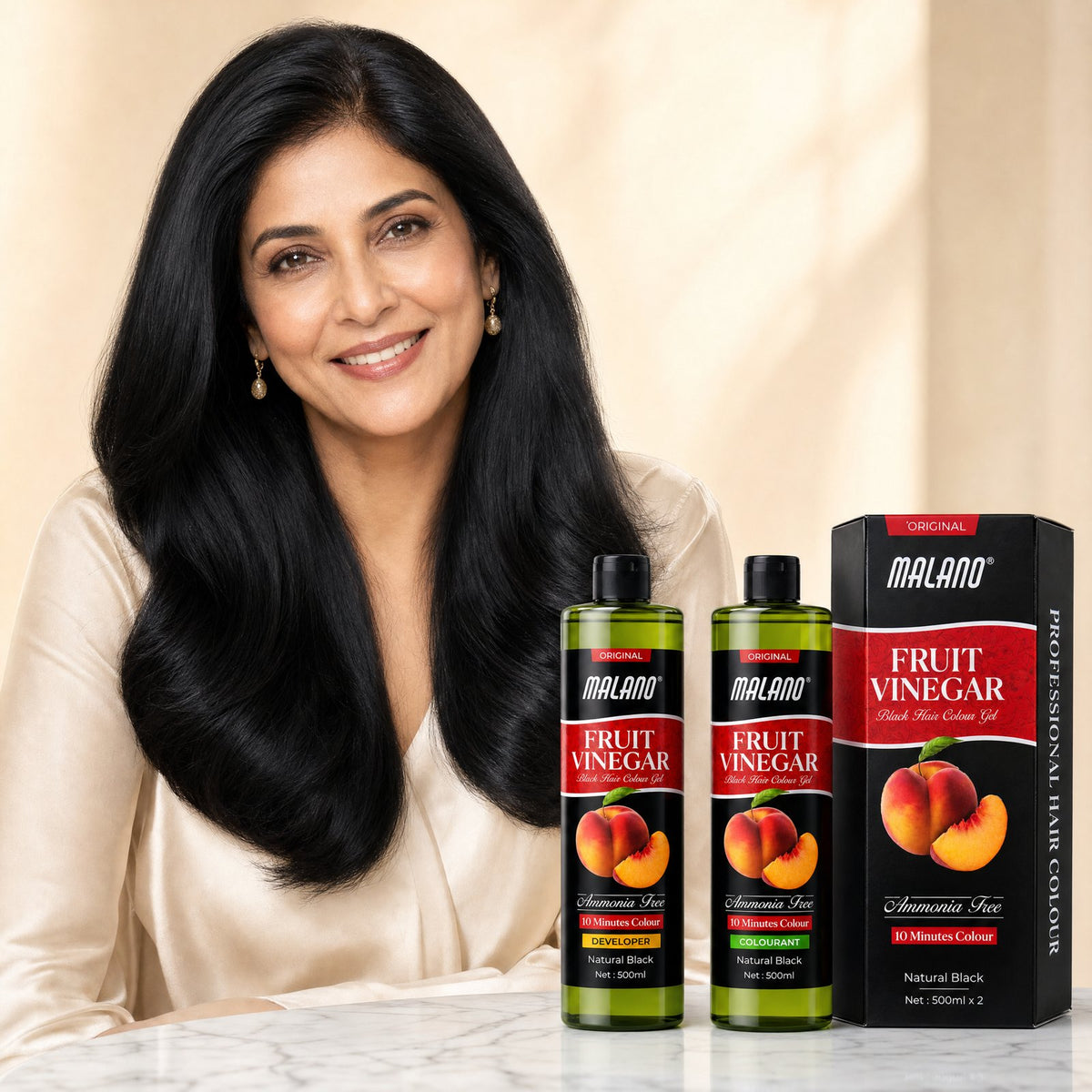 Woman with glossy natural black hair beside Malano Fruit Vinegar hair colour gel