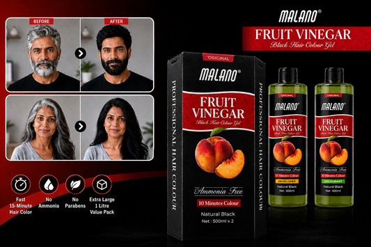 Malano Fruit Vinegar Hair Colour Gel — fast 15-minute hair colour infographic with box, bottles and before-after results