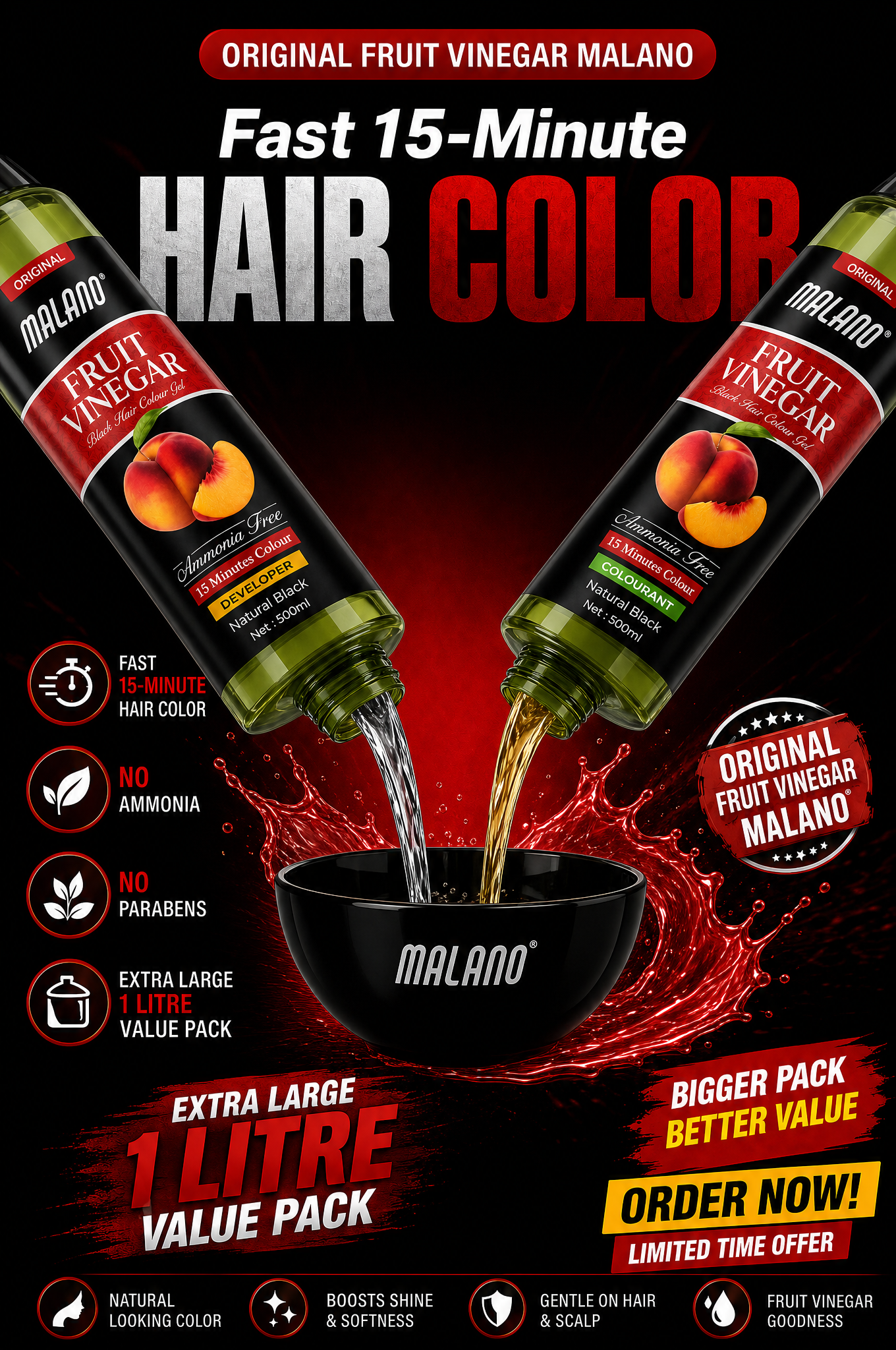 Malano Fruit Vinegar Hair Colour Gel — fast 15-minute hair colour, ammonia-free, extra large 1 litre value pack with Developer and Colourant bottles