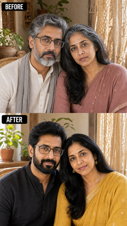 Malano Apple Hair Colour before and after — grey hair to natural black in 15 minutes