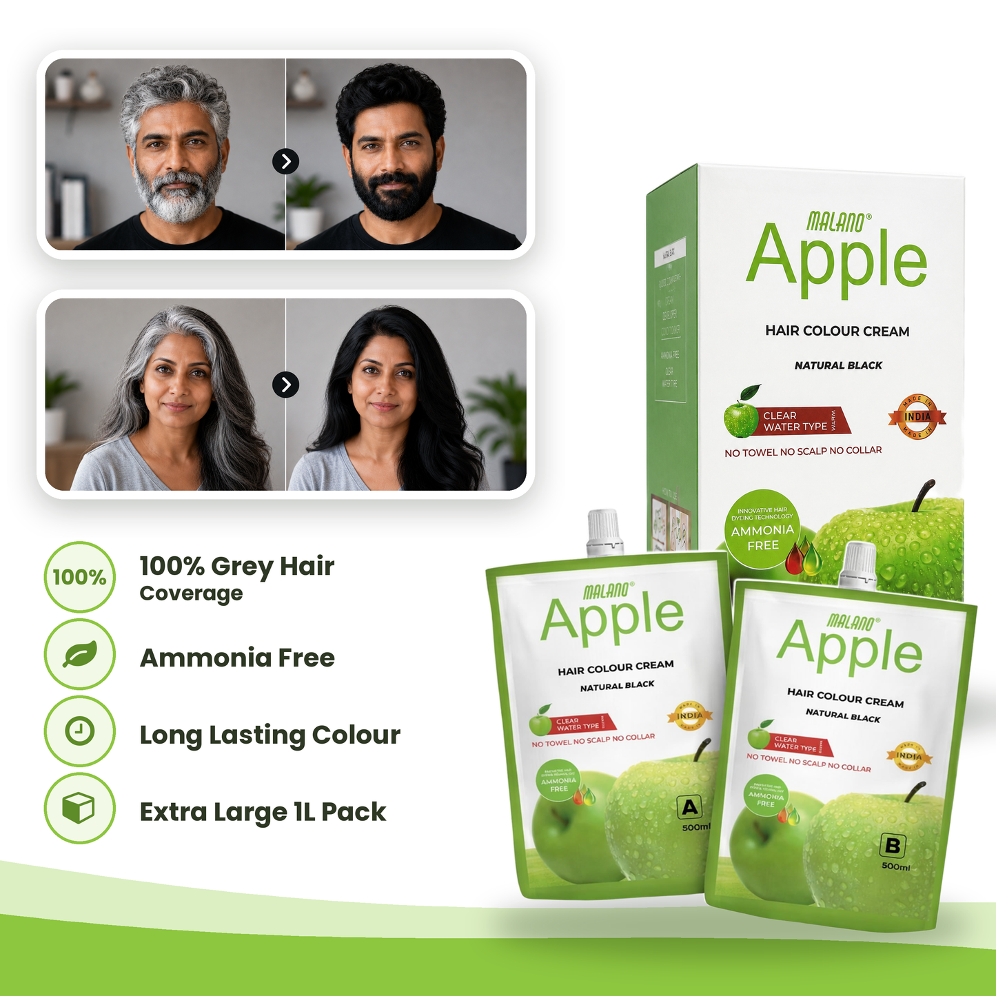 Malano Apple Hair Colour Cream - Natural Black, 1 Litre